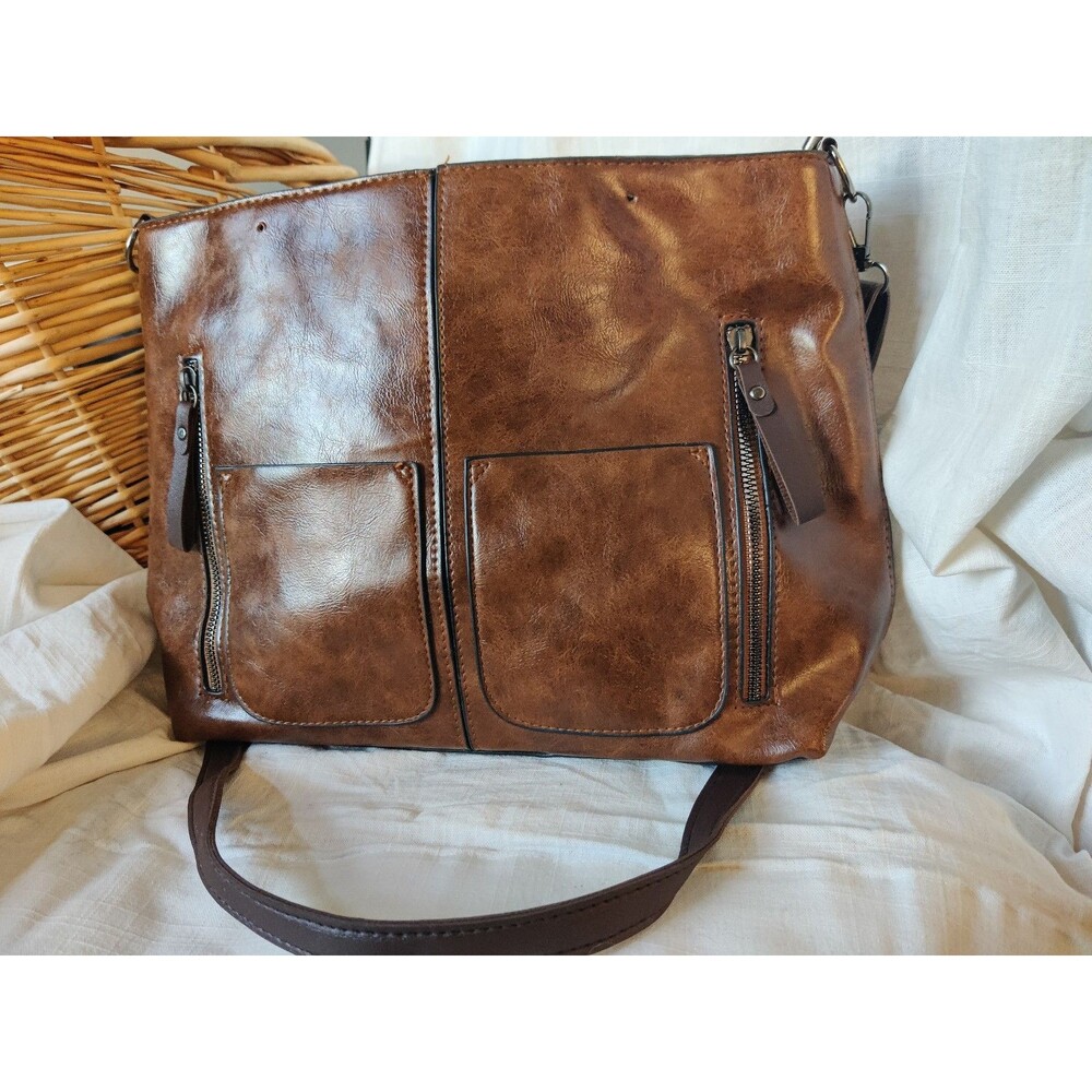 Unbranded Brown Leather style Crossbody Messenger Laptop Bag Zip Pocket Tote
